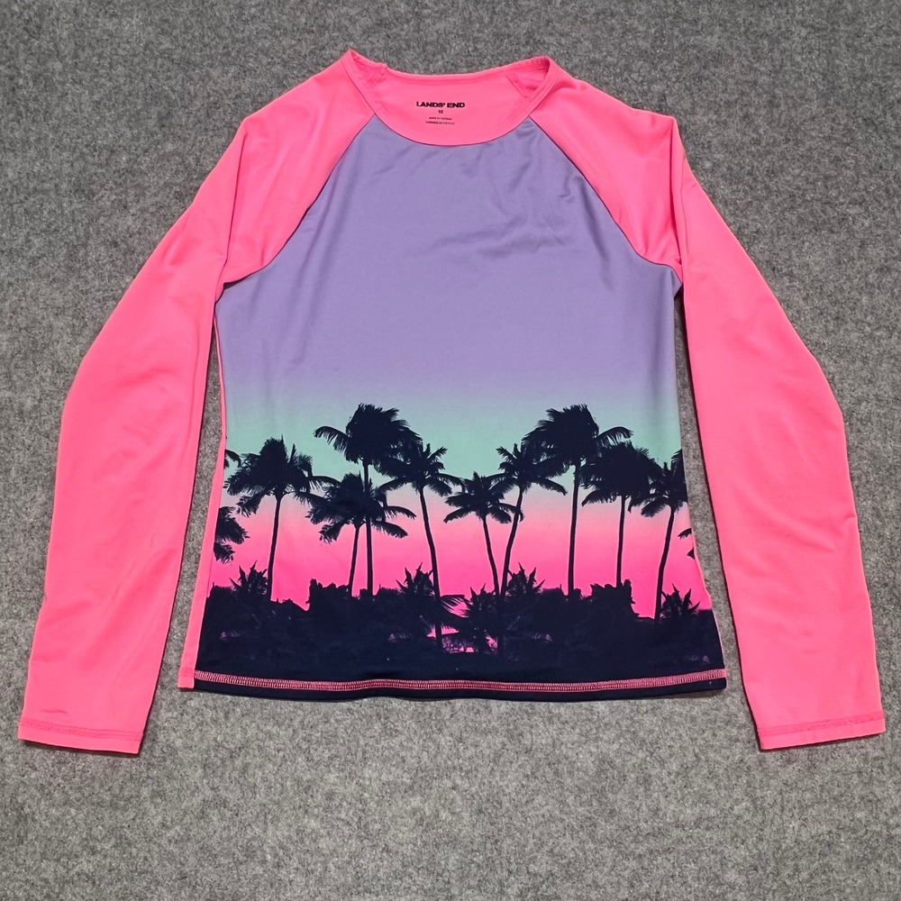 Lands End Kids Pink Purple Palm Tree Sunset Rash Guard Long Sleeve Swim Shirt 10